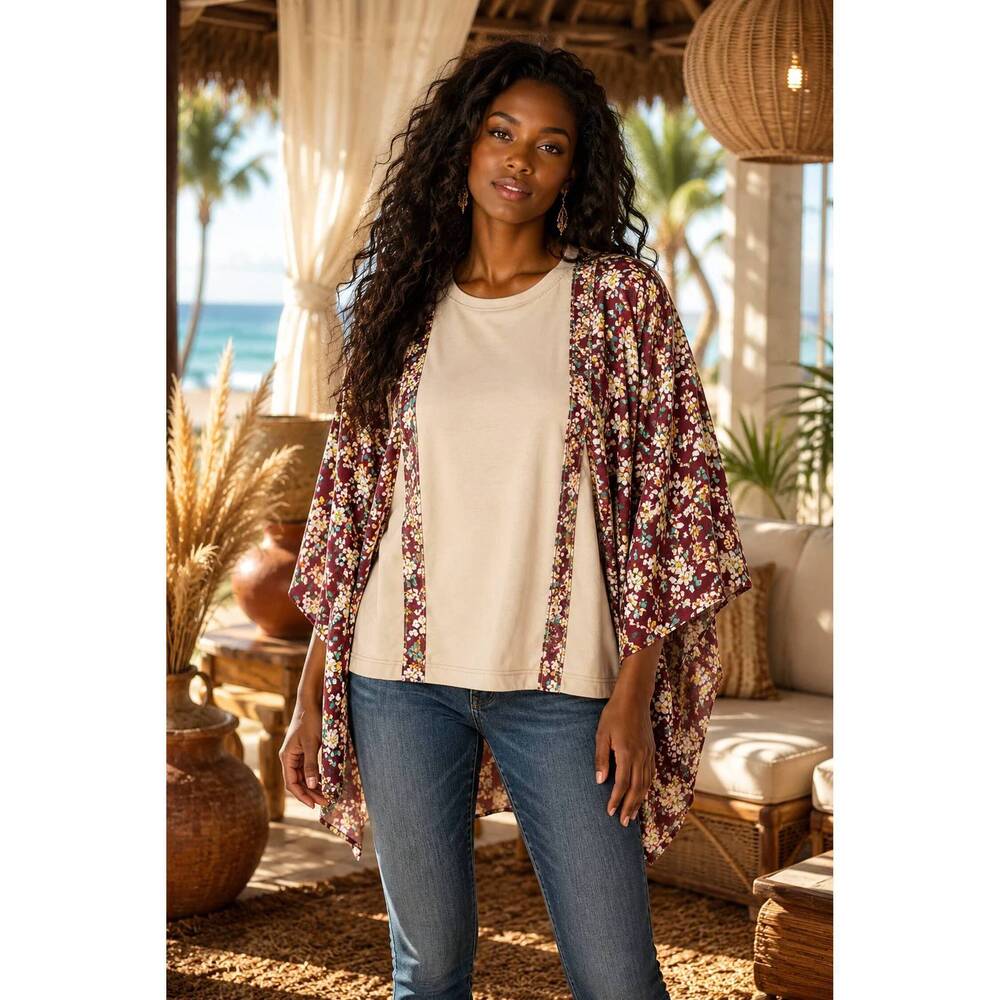 NEW SURELYMINE floral kimono sleeve top in burgundy
